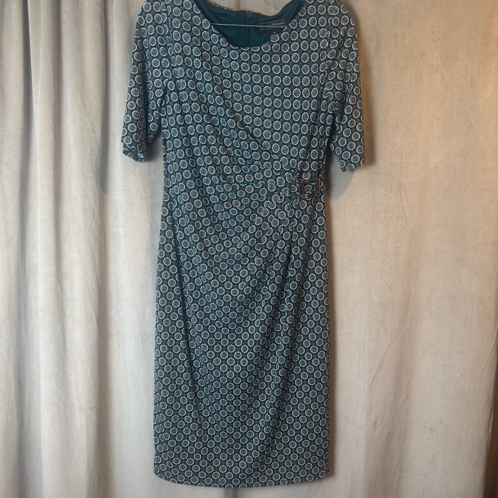 Jessica Howard elegant holiday work career Teal and White Midi Dress gold accent